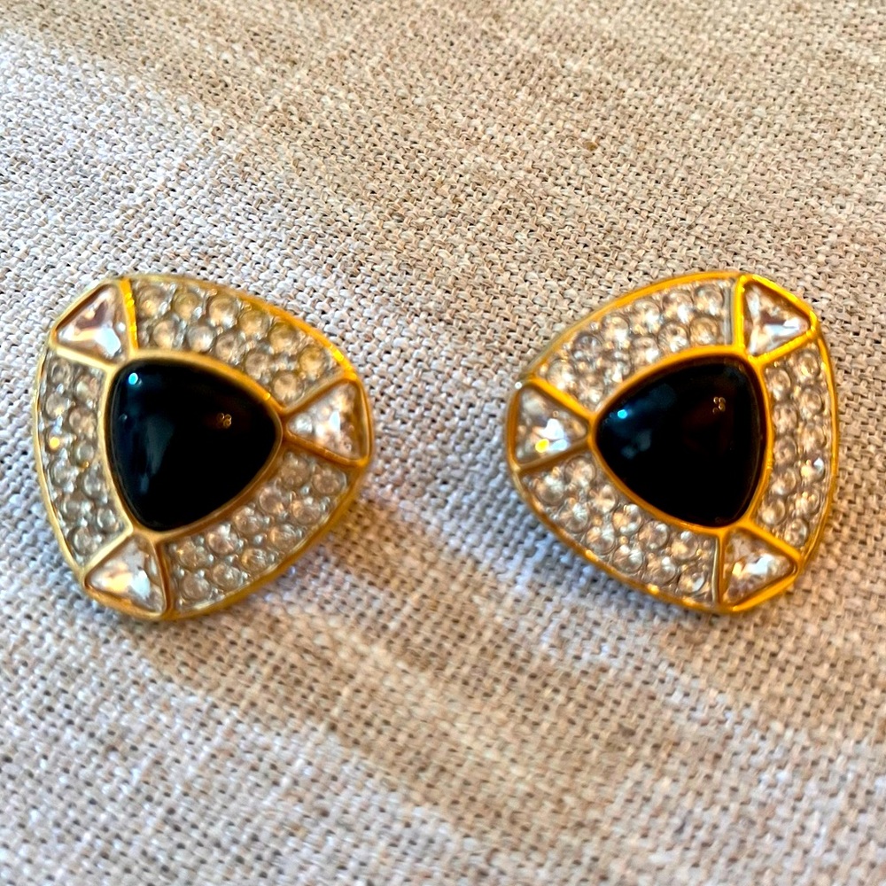 Vintage SAL Swarovski Crystal Gold and Black Clip On Earrings